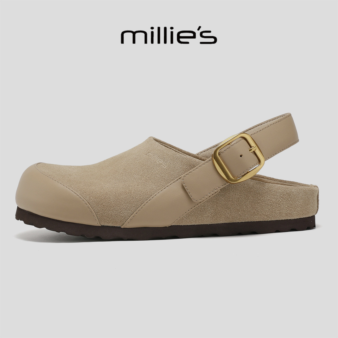 MILLIE'S/妙丽春季真皮勃肯鞋女厚底一脚蹬日常通勤半包头拖鞋