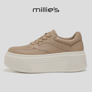 MILLIE'S/妙丽厚底板鞋女驼色休闲风增高松糕鞋百搭小个子真皮鞋