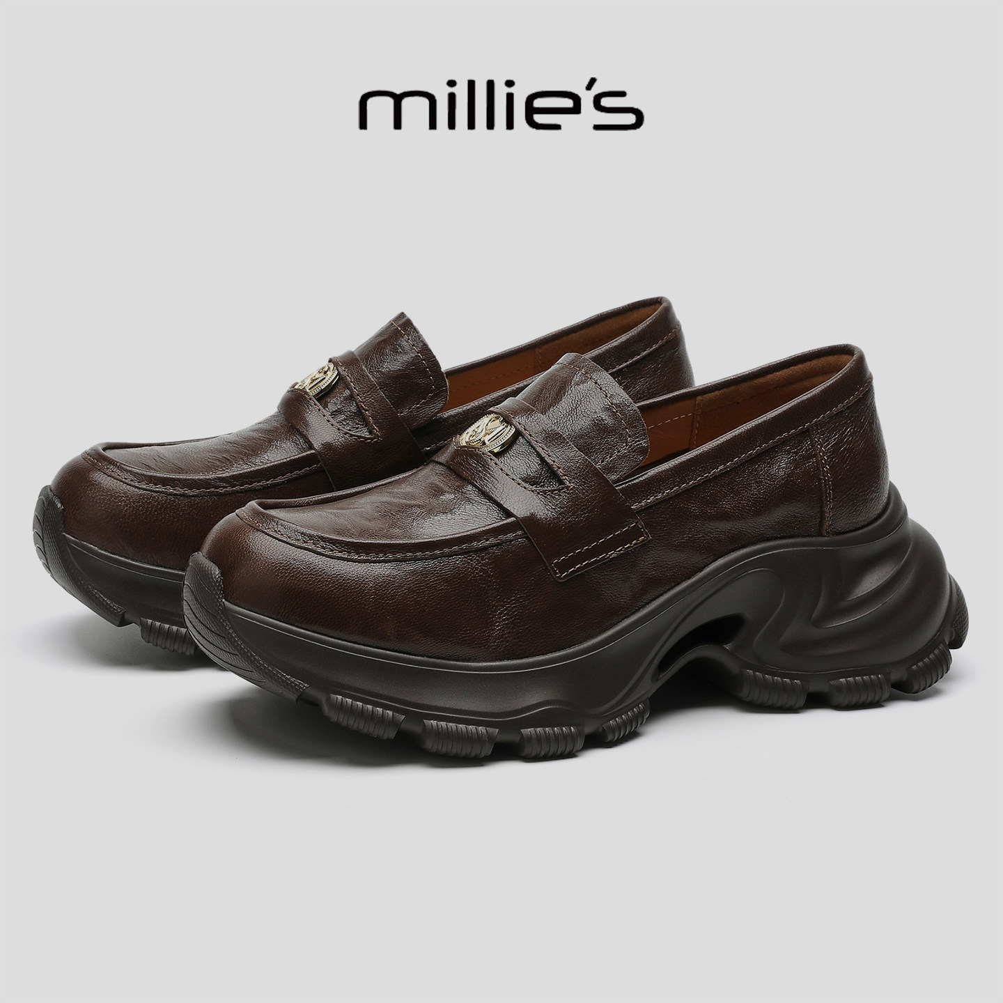 MILLIE'S/妙丽真皮厚底乐福鞋女一脚蹬小金扣时尚百搭舒适穆勒鞋,女鞋,勃肯鞋/软木鞋,淘宝优惠券,粉丝福利购,淘宝优惠卷