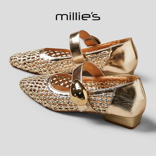 MILLIE'S/妙丽2026新款镂空浅口单鞋女尖头绝美小跟鞋编织高跟鞋