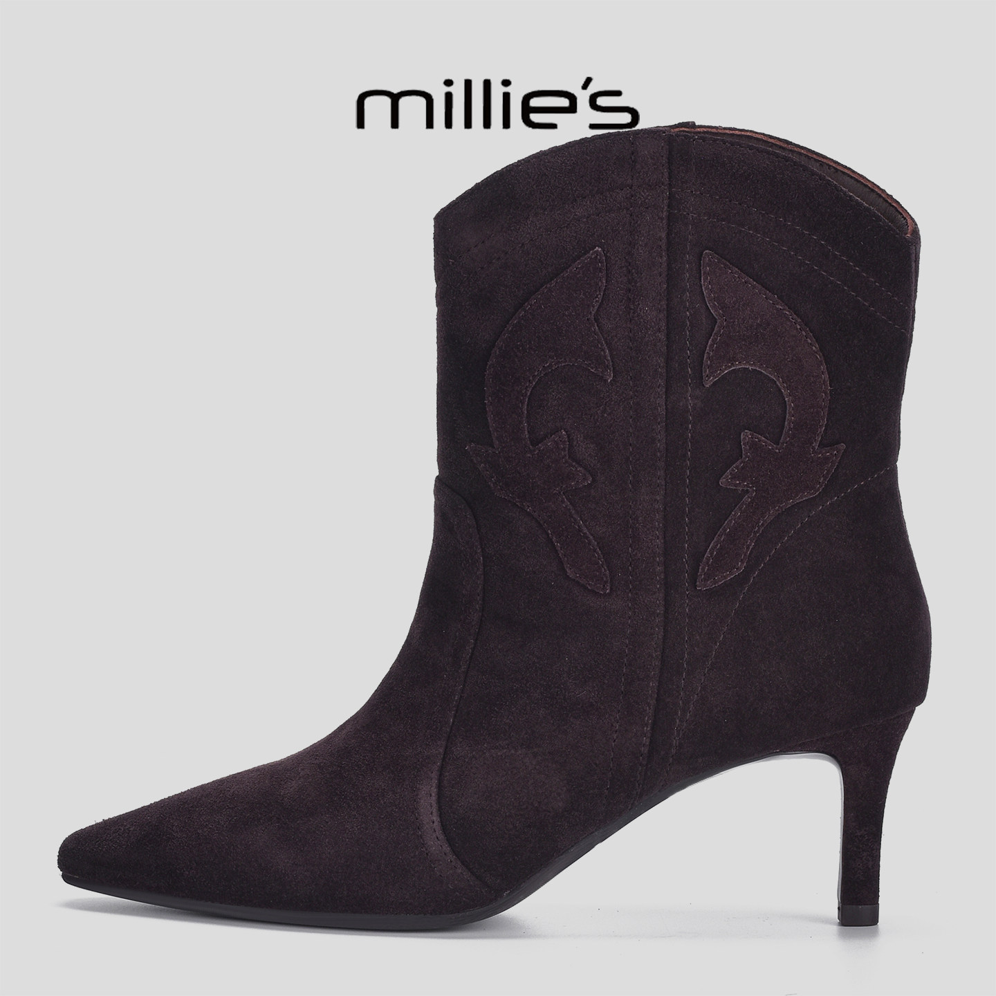 MILLIE'S/妙丽冬季加绒保暖时装靴时尚百搭尖头细跟显瘦套脚短靴