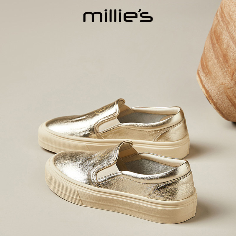MILLIE'S/妙丽圆头平底一脚蹬褶皱手抓纹轻便简约时尚休闲板鞋女,女鞋,休闲板鞋,淘宝优惠券,粉丝福利购,淘宝优惠卷