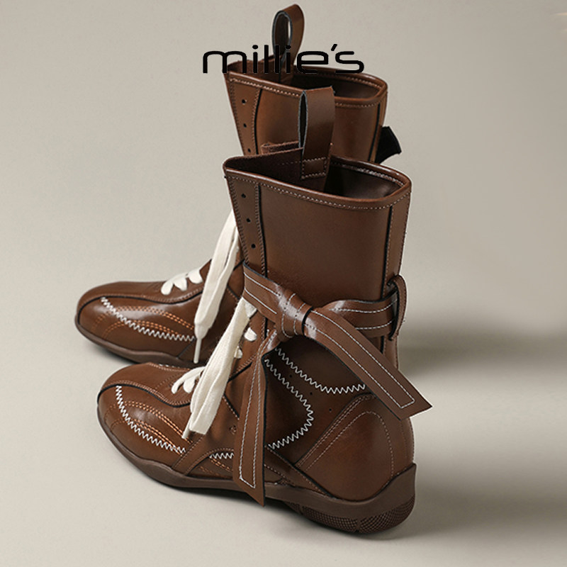 MILLIE'S/妙丽2025新款复古英伦风厚底马丁靴女款配裙子中筒靴