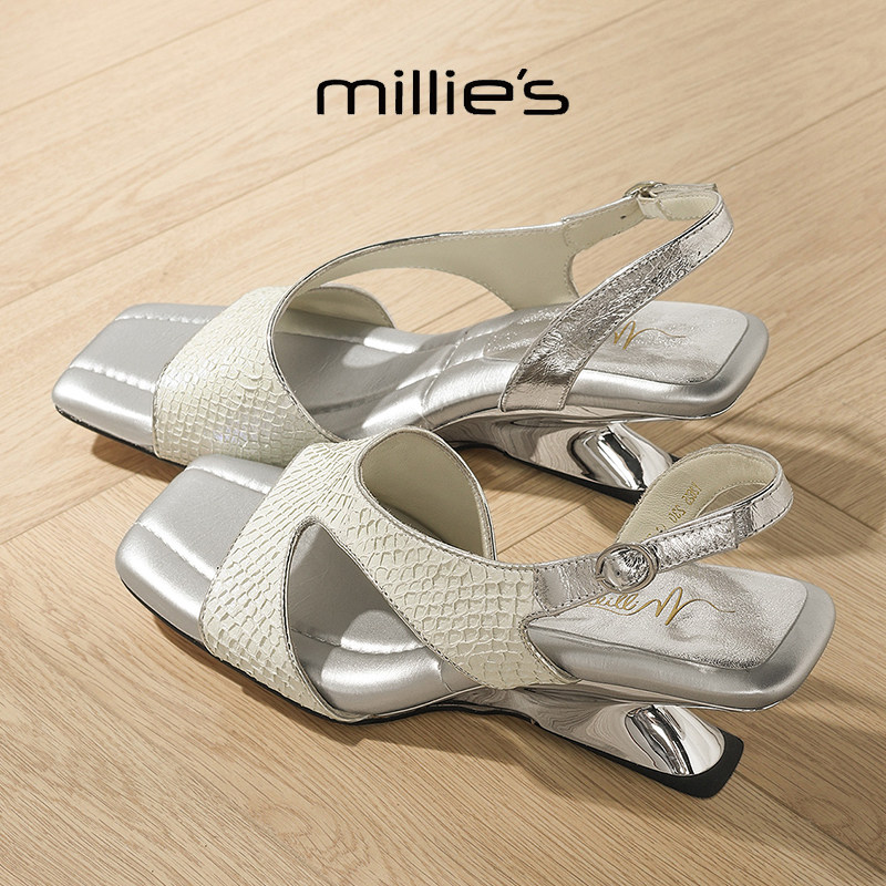 MILLIE'S/妙丽2026新款时尚编织粗跟法式半托鞋女一脚蹬复古凉鞋