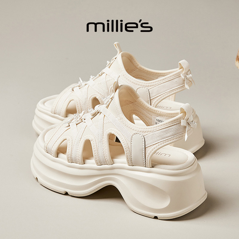 MILLIE'S/妙丽圆头厚底小个子百搭增高仙女风时尚镂空设计感凉鞋