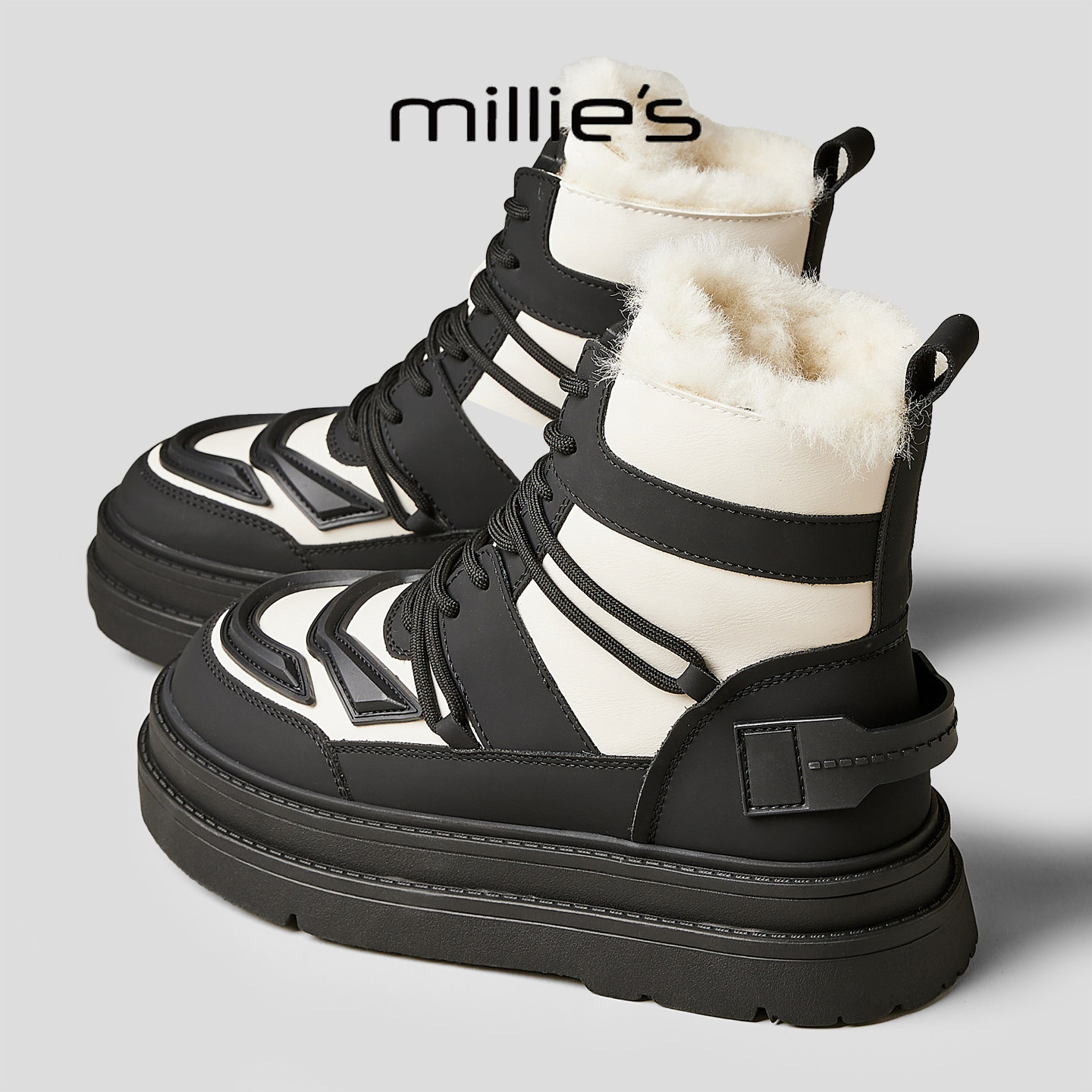MILLIE'S/妙丽厚底雪地靴女冬季新款高帮户外短靴羊毛加绒大棉鞋