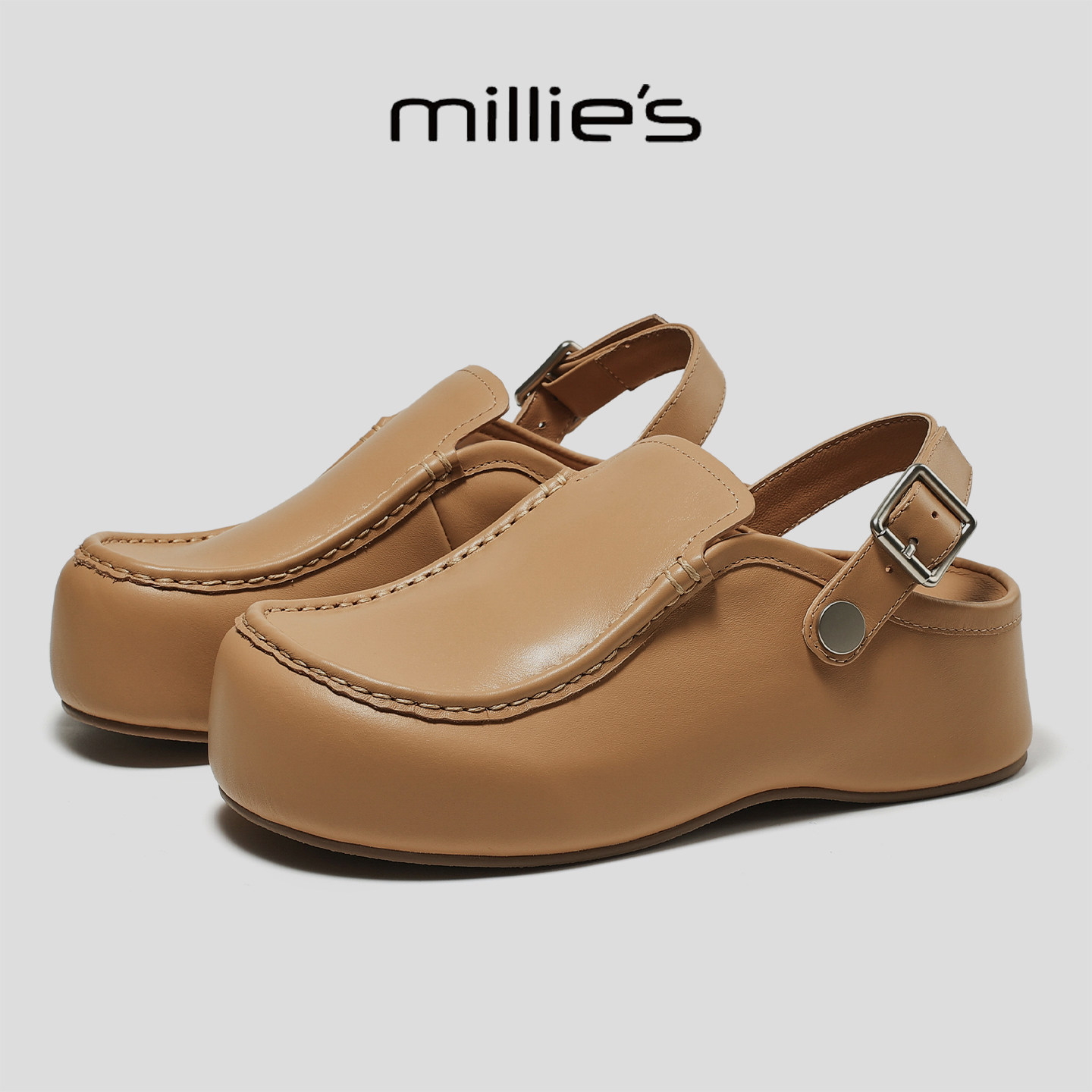 MILLIE'S/妙丽巨好看爆款真皮勃肯鞋女厚底增高包头拖外穿一脚蹬