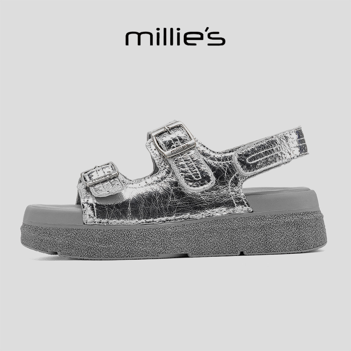 MILLIE'S/妙丽厚底凉鞋女2026新款银色双扣带休闲鞋增高百搭绝美