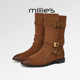 MILLIE 饰反绒通勤保暖复古中筒靴 靴女金属扣带装 妙丽设计时装