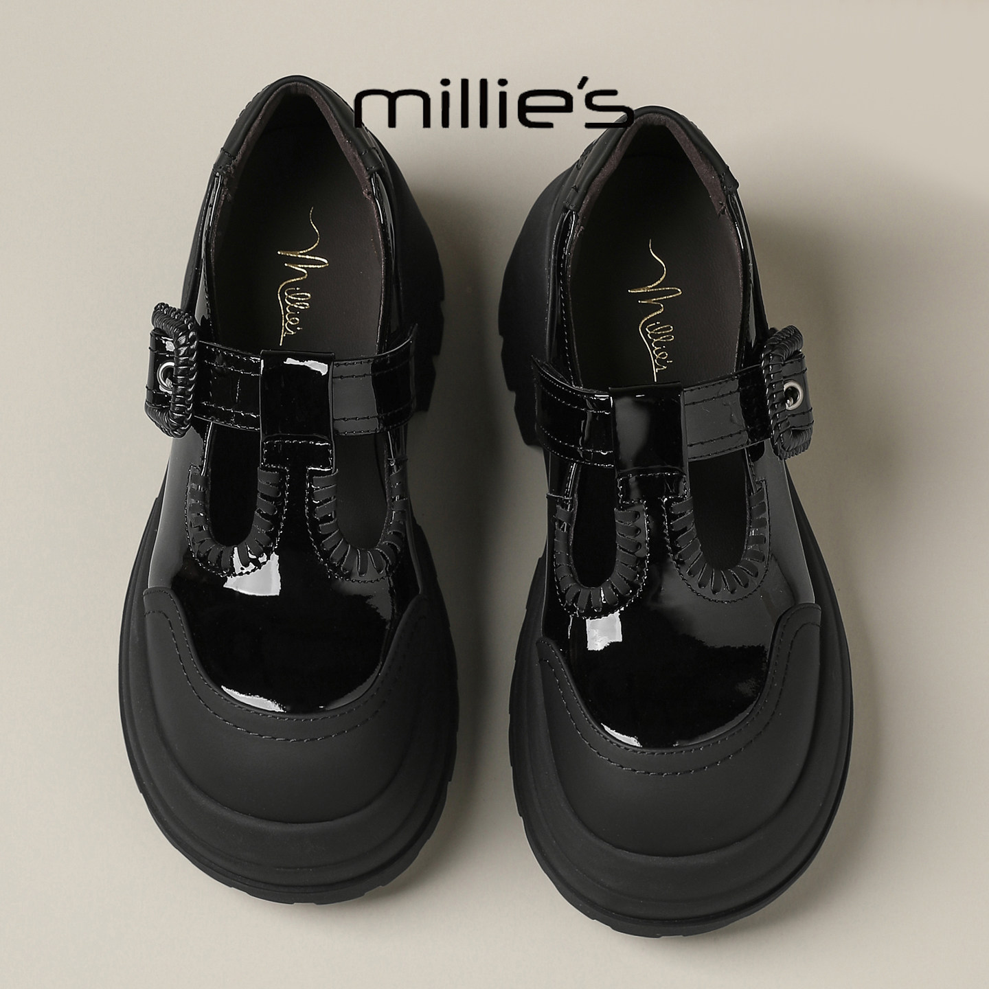 MILLIE'S/妙丽巨好看爆款厚底玛丽珍鞋女黑色漆皮扣带增高小皮鞋