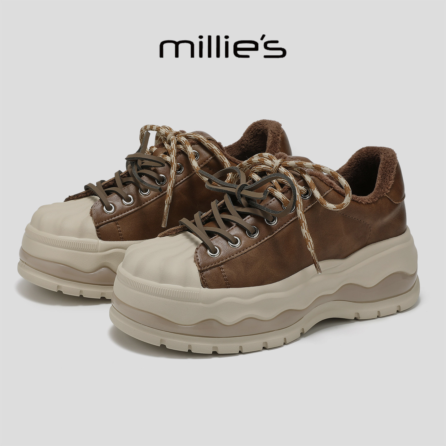 MILLIE'S/妙丽复古厚底增高小个子保暖加绒巨好看板鞋休闲鞋冬季