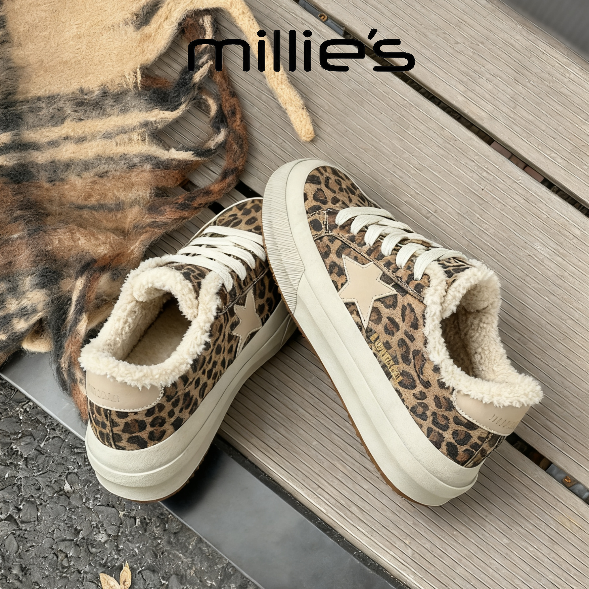 MILLIE'S/妙丽新款加绒保暖板鞋豹纹星星撞色厚底增高运动休闲鞋,女鞋,乐福鞋（豆豆鞋）,淘宝优惠券,粉丝福利购,淘宝优惠卷
