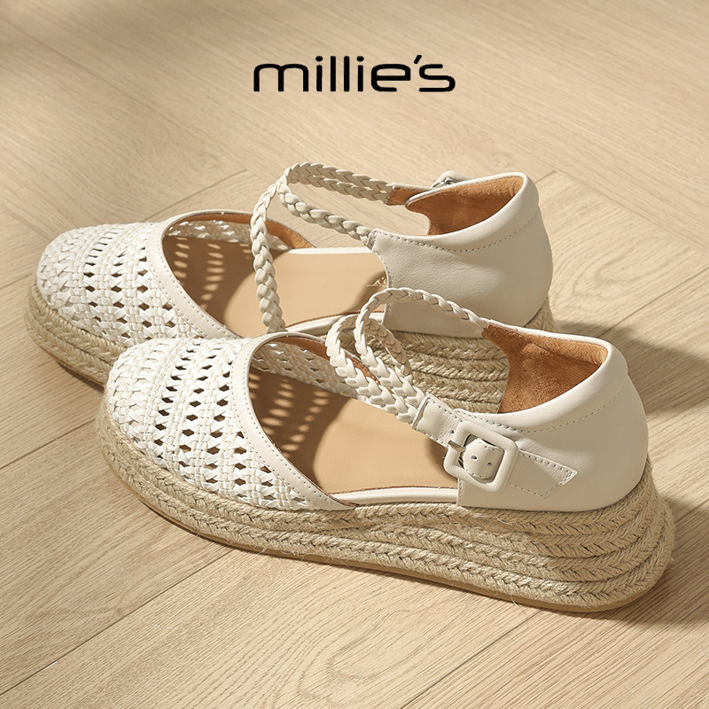 MILLIE'S/妙丽厚底增高编织镂空设计感麻花扣带草编包头凉鞋女鞋