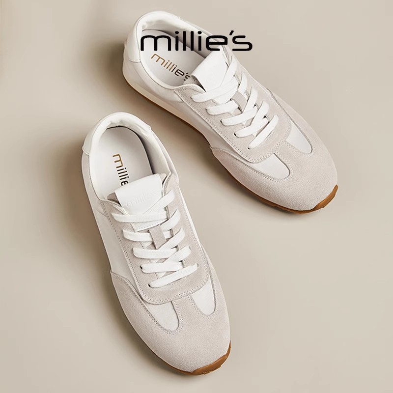 MILLIE'S妙丽圆头平底复古拼接设计感轻奢简约时尚休闲帆布鞋女