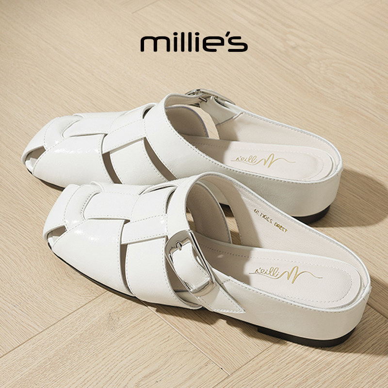 MILLIE'S/妙丽方头平底一脚蹬手工编织懒人轻奢简约时尚罗马凉鞋