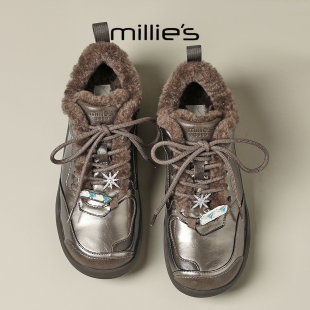 防滑厚底鞋 MILLIE 女休闲运动鞋 妙丽水钻系带加绒保暖德训鞋