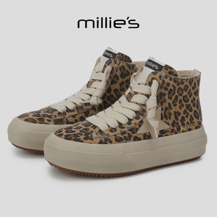 MILLIE'S/妙丽2026新款加绒保暖休闲鞋豹纹系带增高显瘦平底板鞋