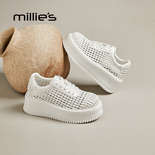MILLIE'S/妙丽圆头厚底网状拼接设计感时尚亲肤透气休闲小白鞋