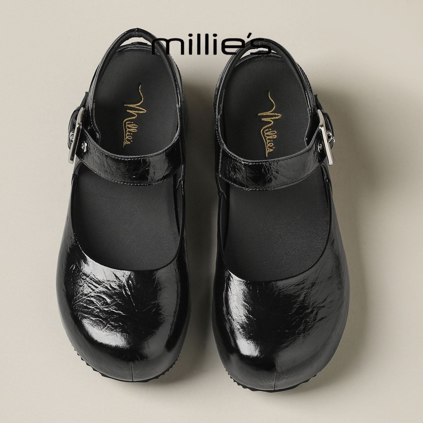 MILLIE'S/妙丽黑色厚底玛丽珍鞋女真皮一字扣带内增高单鞋巨好看