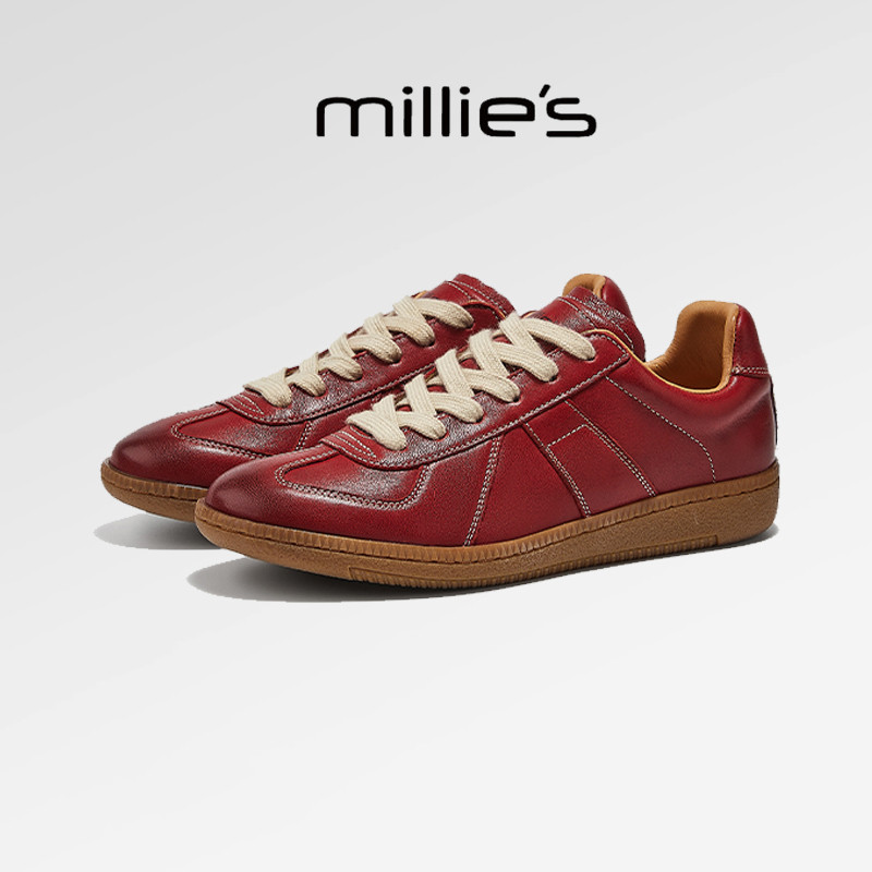 millies妙丽2026春季新款平底美式休闲真皮红色德训鞋复古板鞋女,女鞋,德训鞋,淘宝优惠券,粉丝福利购,淘宝优惠卷