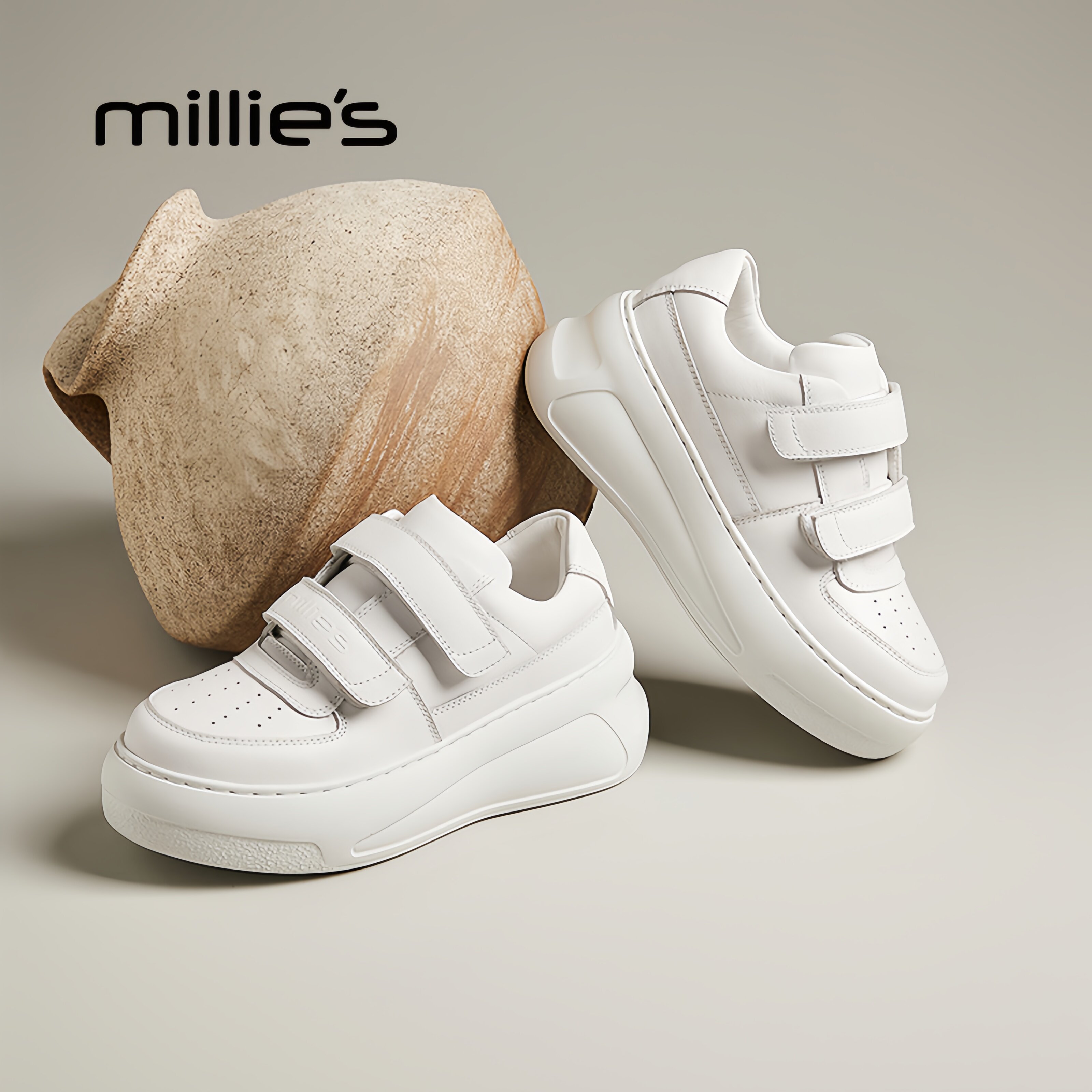 MILLIE'S/妙丽魔术贴小白鞋女厚底增高休闲板鞋轻便软底不累脚