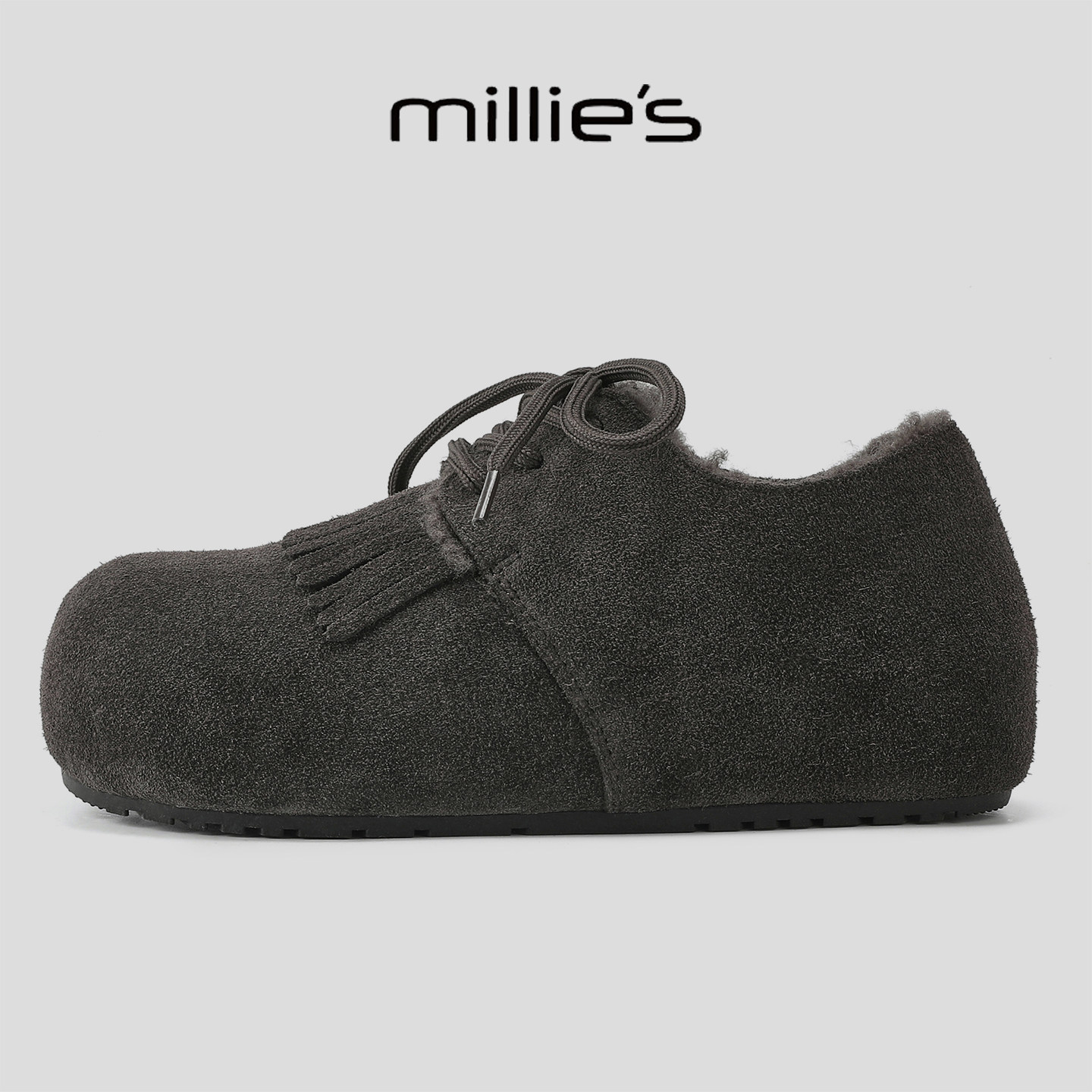 MILLIE'S/妙丽冬季加绒保暖博肯鞋系带圆头平底内增高休闲女鞋
