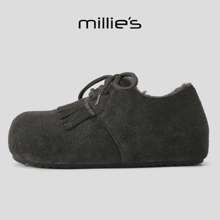 MILLIE'S/妙丽冬季加绒保暖博肯鞋系带圆头平底内增高休闲女鞋