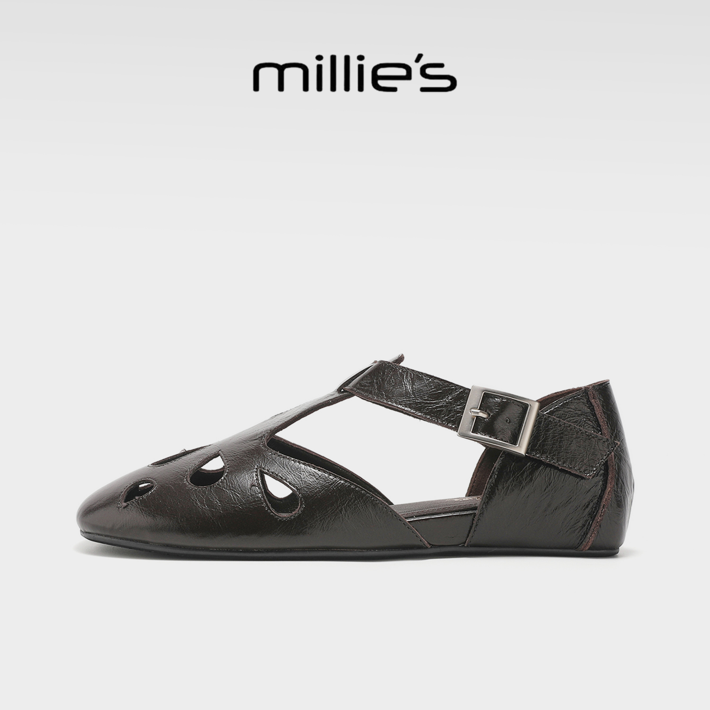 MILLIE'S/妙丽2026爆款中帮黑色镂空罗马凉鞋女夏季复古百搭低跟G