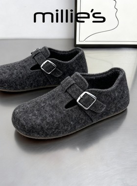 MILLIE'S/妙丽毛绒勃肯鞋皮带扣乐福鞋一脚蹬保暖增高松糕鞋灰色
