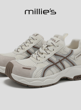 MILLIE'S/妙丽厚底老爹鞋女新款灰色系带撞色百搭轻便运动休闲鞋