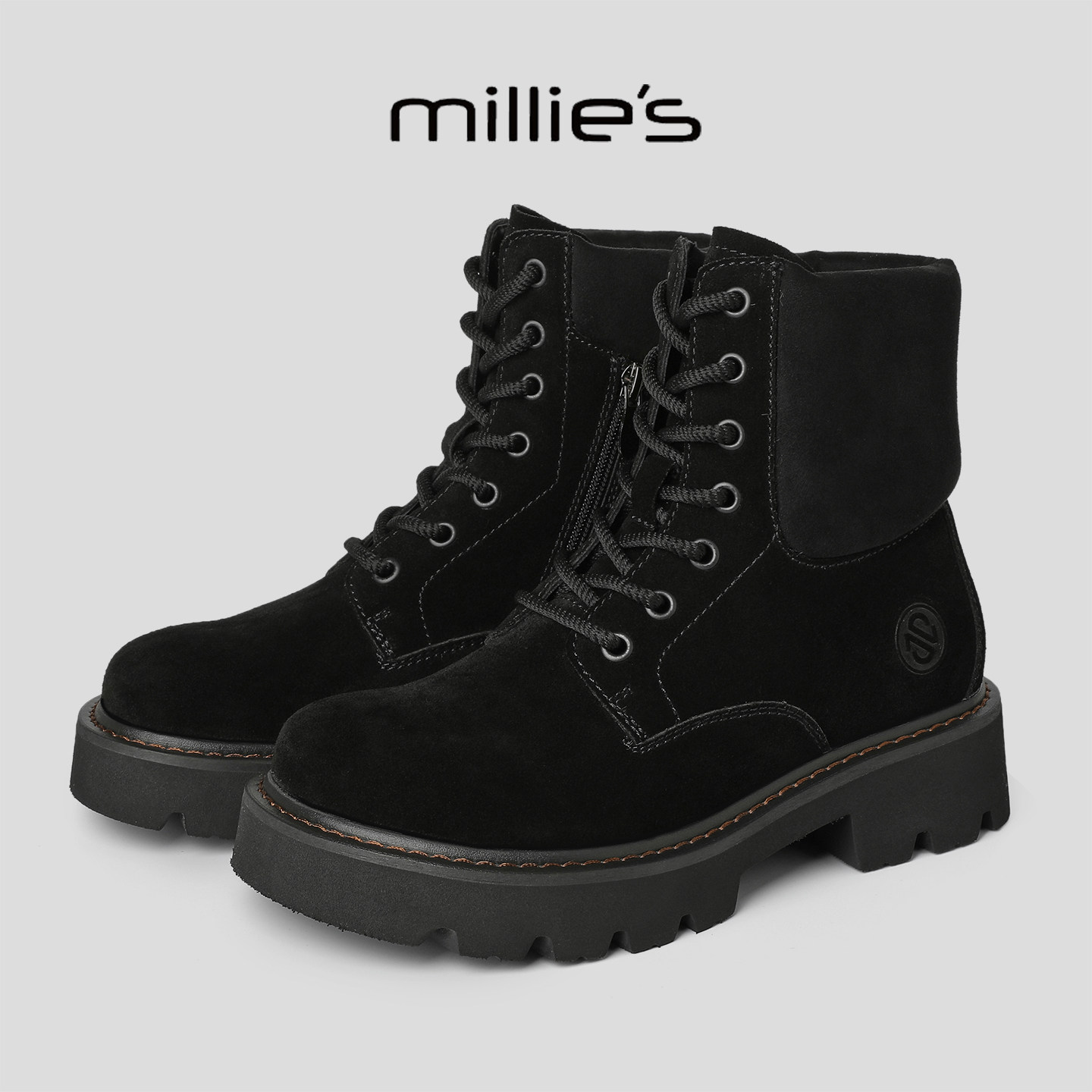 MILLIE'S/妙丽新款时尚百搭女士黑色马丁靴厚底增高加绒复古休闲