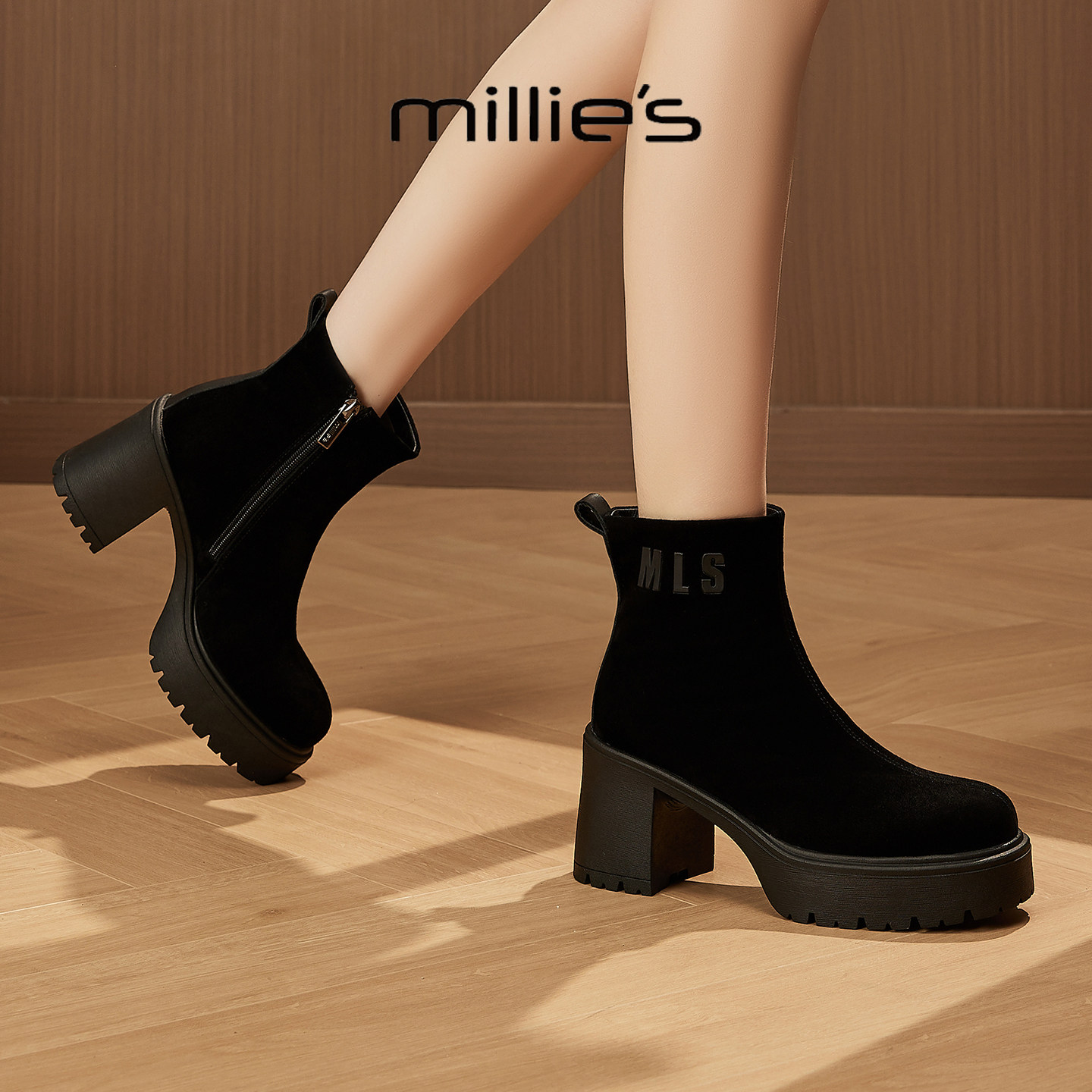 MILLIE'S/妙丽2026新款时尚百搭女士厚底增高马丁靴系带休闲短靴