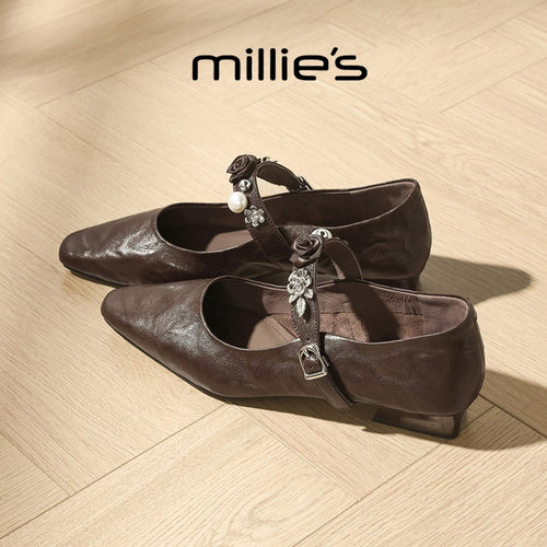 MILLIE'S/妙丽方头平跟一字扣带复古女鞋时尚百搭低鞋帮浅口单鞋