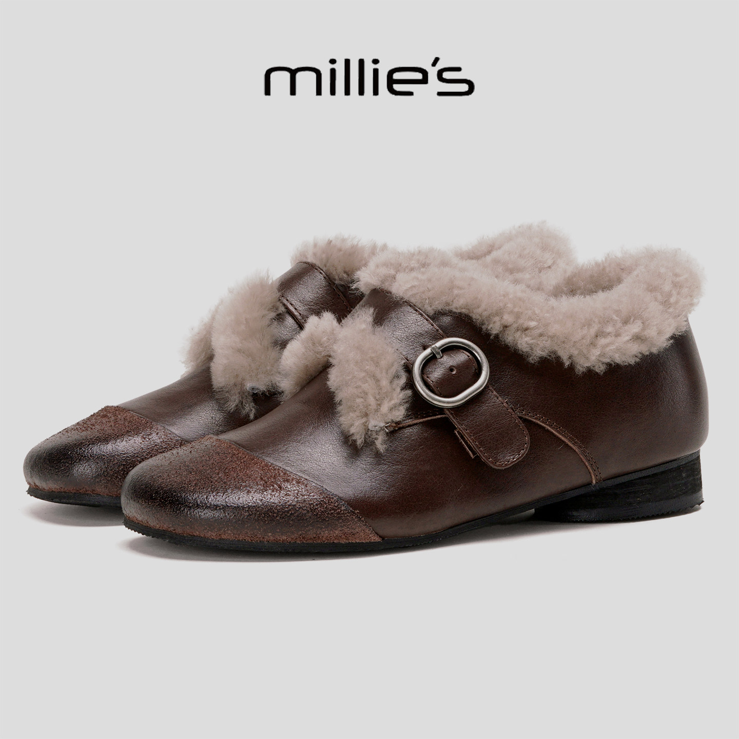 MILLIE'S/妙丽加绒毛毛鞋乐福鞋女真皮保暖一脚蹬工装棕色懒人鞋,女鞋,工装鞋,淘宝优惠券,粉丝福利购,淘宝优惠卷