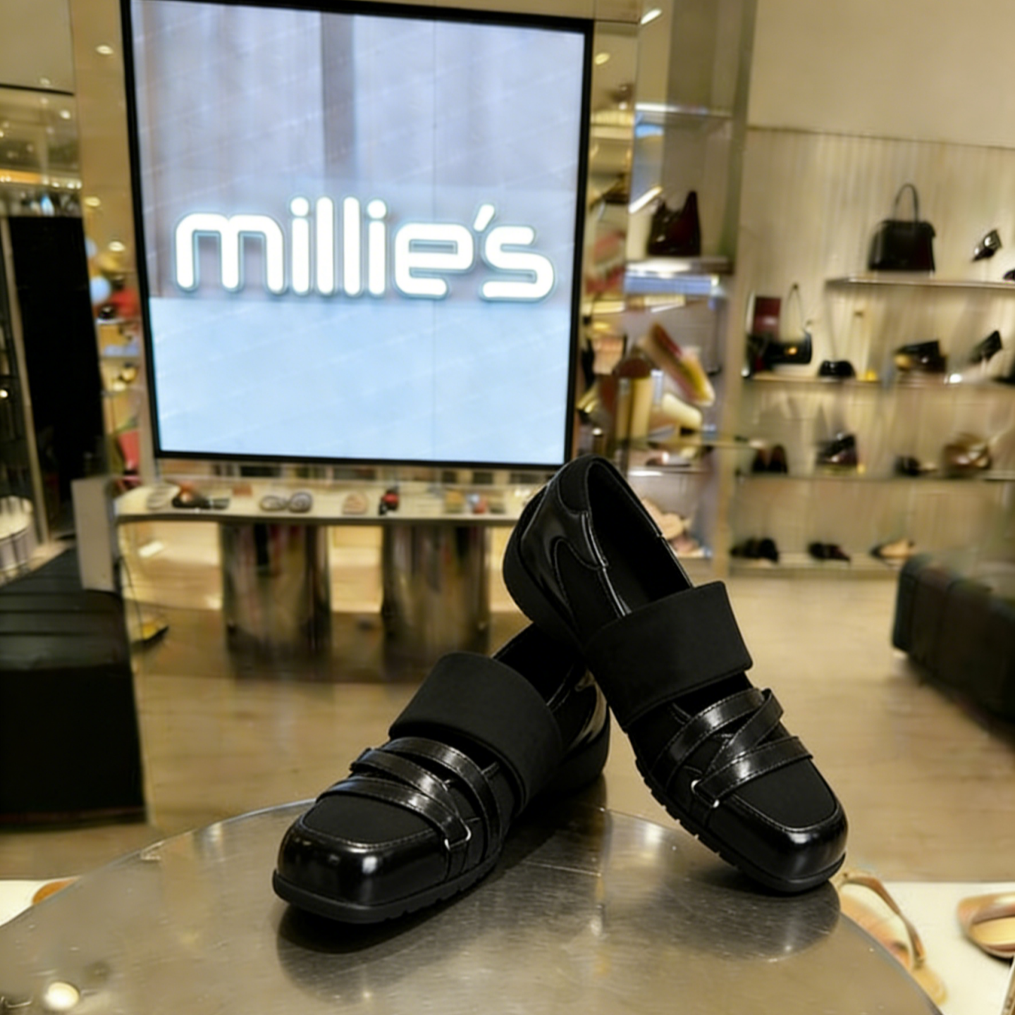 MILLIE'S/妙丽法式方头玛丽珍鞋黑魔术贴厚底浅口单鞋百搭专柜款