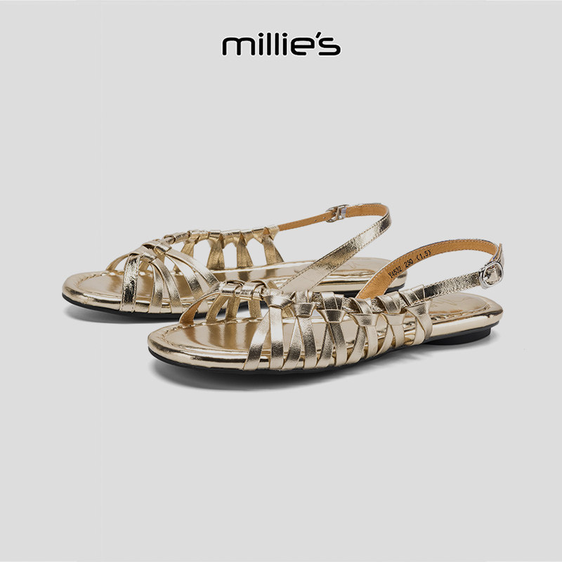 MILLIE'S/妙丽2026夏季新款镂空编织平底罗马绑带套脚时尚女凉鞋