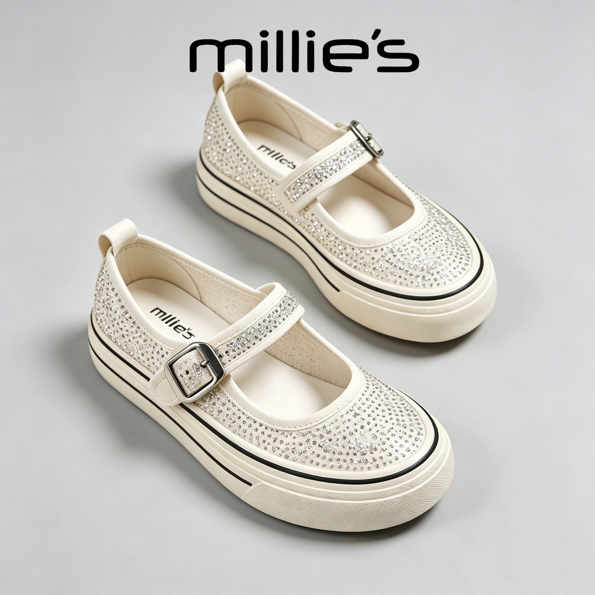 MILLIE'S/妙丽亮片网纱方扣夏女鞋厚底松糕透气学院风减龄帆布鞋