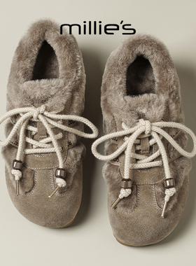 MILLIE'S/妙丽新款加绒保暖毛毛鞋女舒适百搭系带平底灰色勃肯鞋
