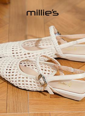 MILLIE'S/妙丽方头平跟法式浪漫小香风网状编织设计时尚休闲凉鞋