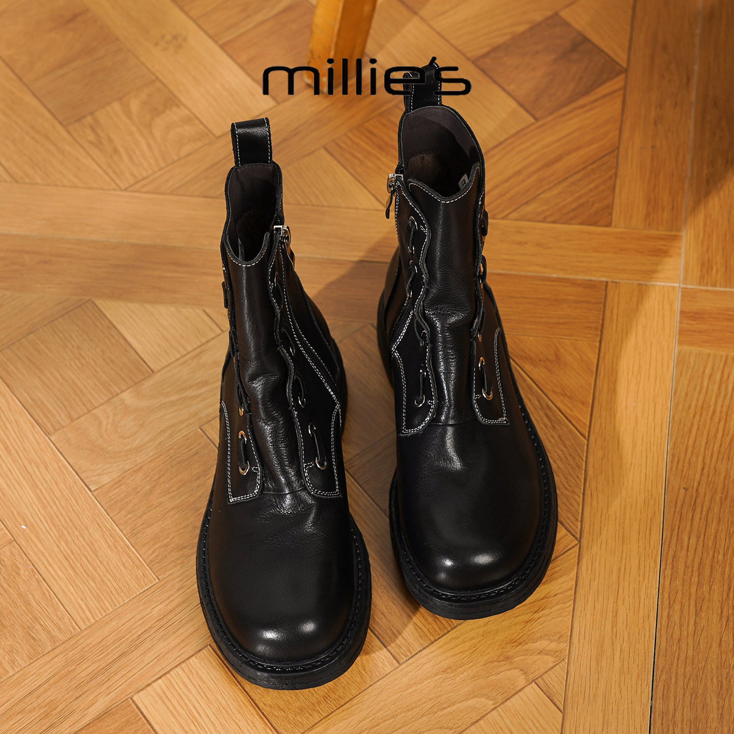 MILLIE'S/妙丽新款欧美风厚底马丁靴简约圆头显瘦通勤机车皮靴