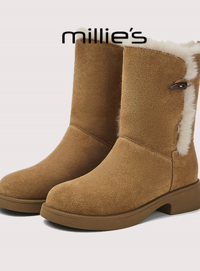 millies妙丽靴子厚底皮毛一体潮流百搭休闲加绒中筒雪地靴女冬季