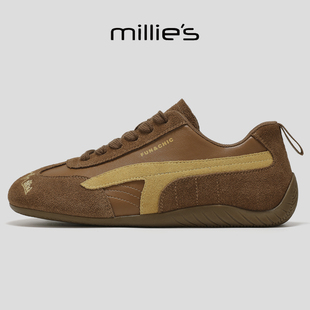 MILLIE'S/妙丽巨好看复古风德训鞋女不累脚翻毛皮拼接休闲阿甘鞋