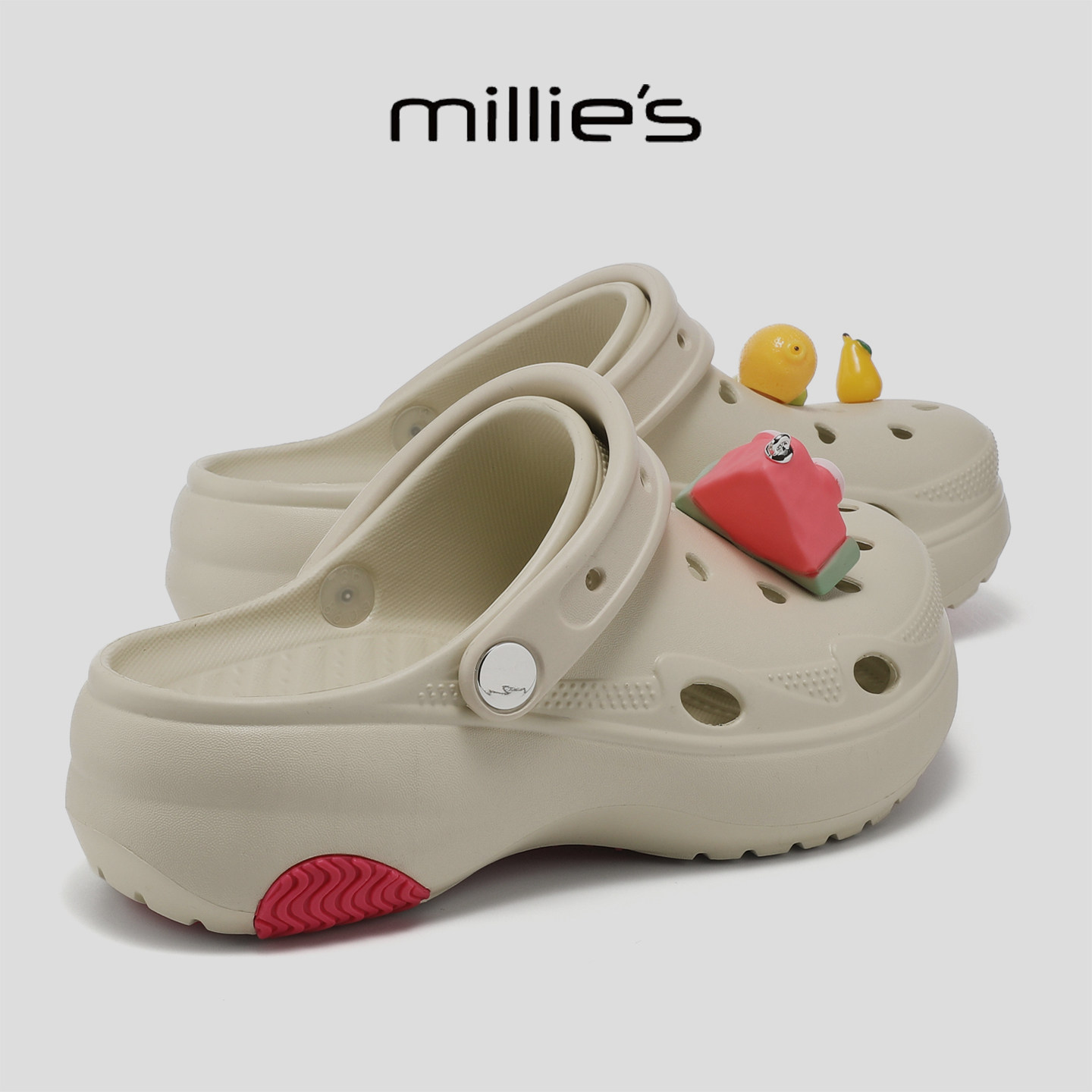 MILLIE'S/妙丽2026新款洞洞鞋厚底外穿防滑透气花园风装饰扣凉拖