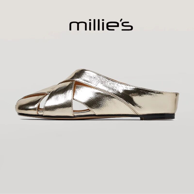 MILLIE'S/妙丽圆头平底精致优雅气质百搭外穿亲肤透气休闲凉鞋女