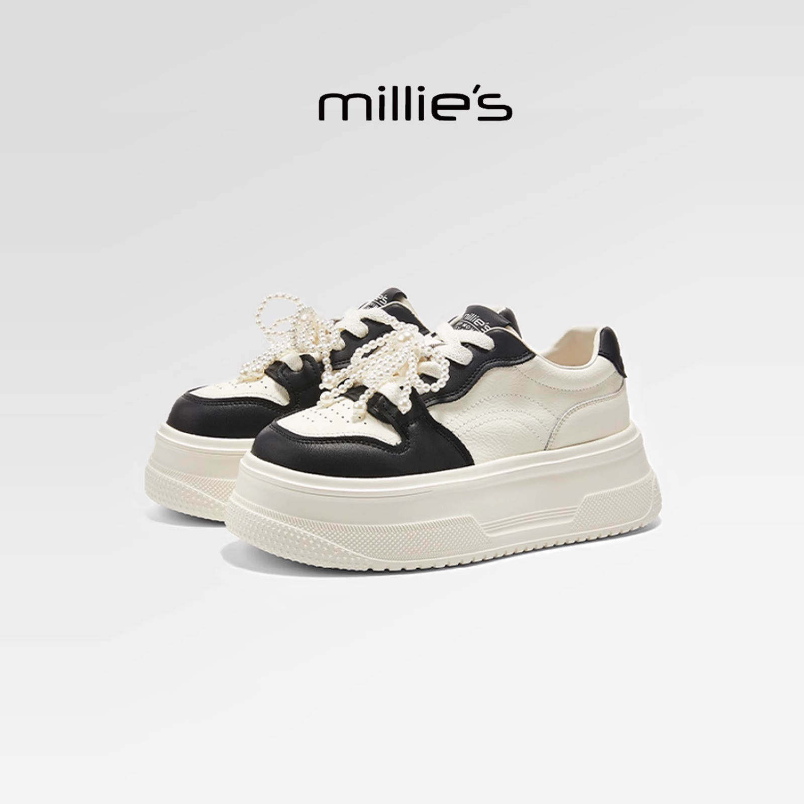 millies妙丽 黑白撞色松糕珍珠绑带厚底头层牛皮舒适休闲板鞋女秋