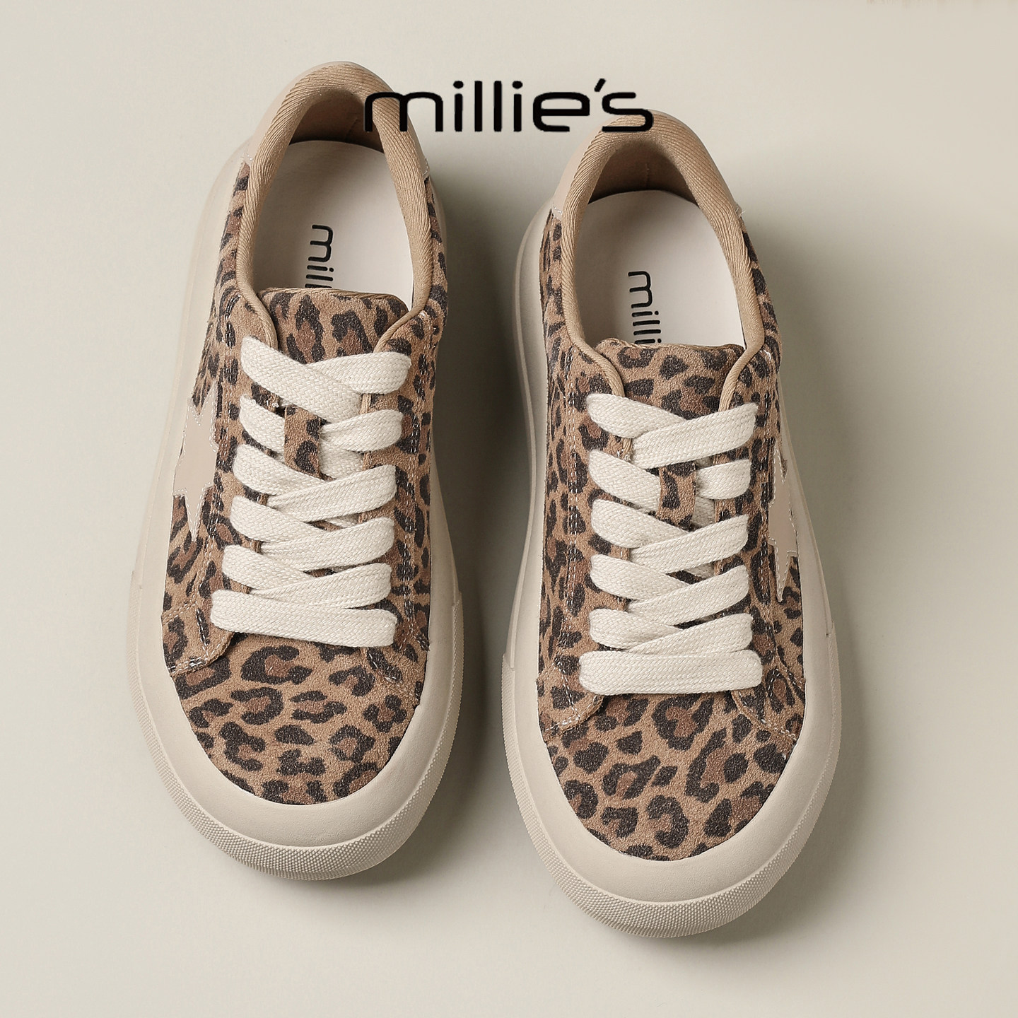 MILLIE'S/妙丽2025新款超火流行豹纹德训鞋系带厚底板鞋百搭休闲,女鞋,勃肯鞋/软木鞋,淘宝优惠券,粉丝福利购,淘宝优惠卷