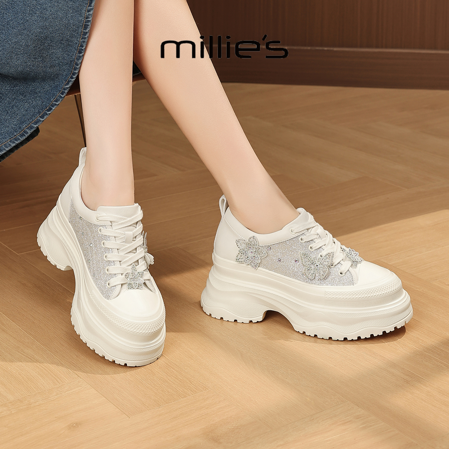 MILLIE'S/妙丽2025新款真皮女鞋圆头松糕底轻便运动鞋镂空蕾丝网Q