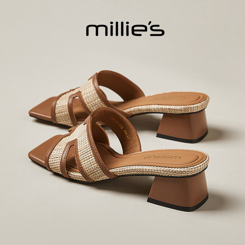 MILLIE'S妙丽2026新款坡跟拖鞋户外粗跟休闲通勤百搭编织凉鞋女鞋