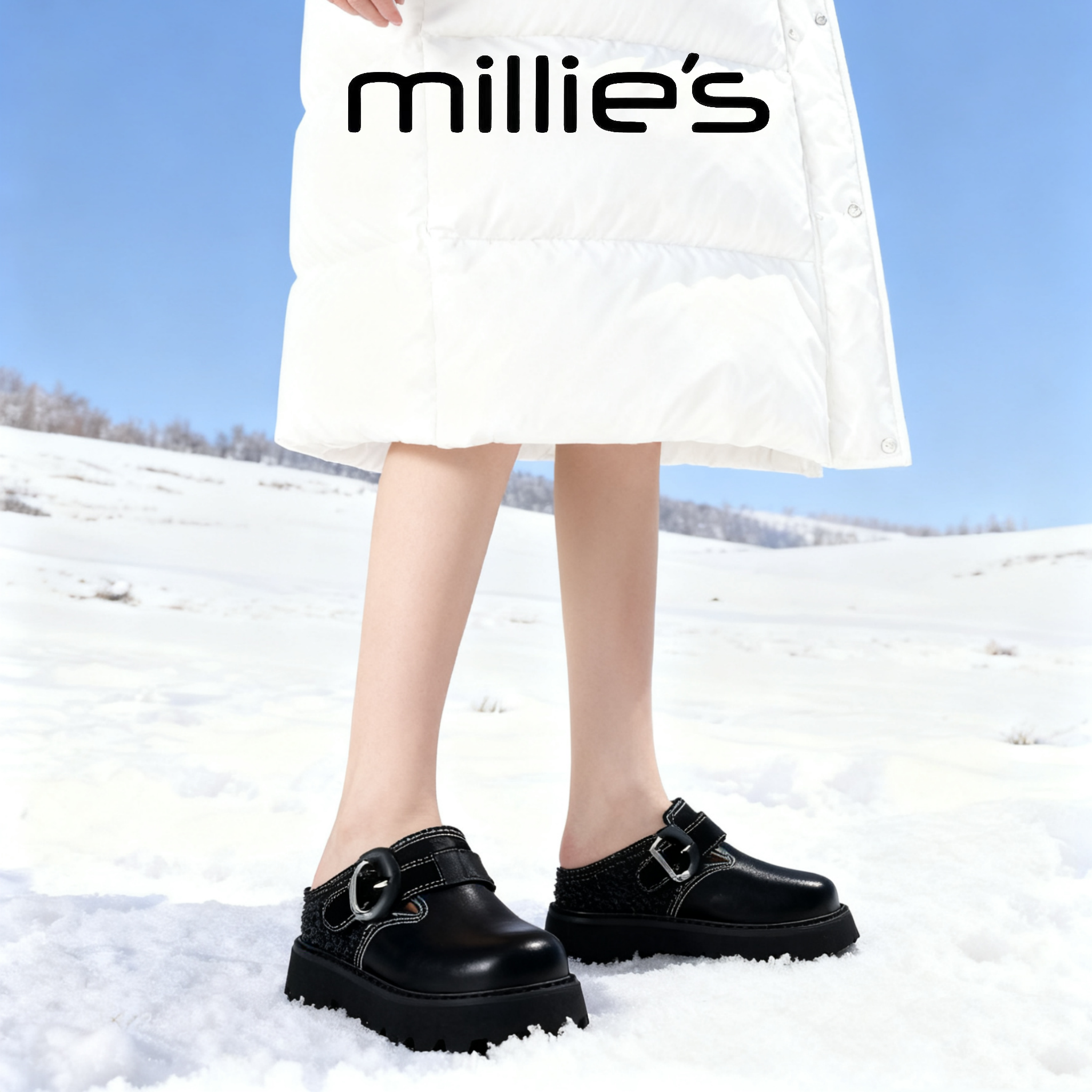 MILLIE'S/妙丽厚底勃肯鞋女外穿一脚蹬包头半拖鞋黑色毛毛鞋增高