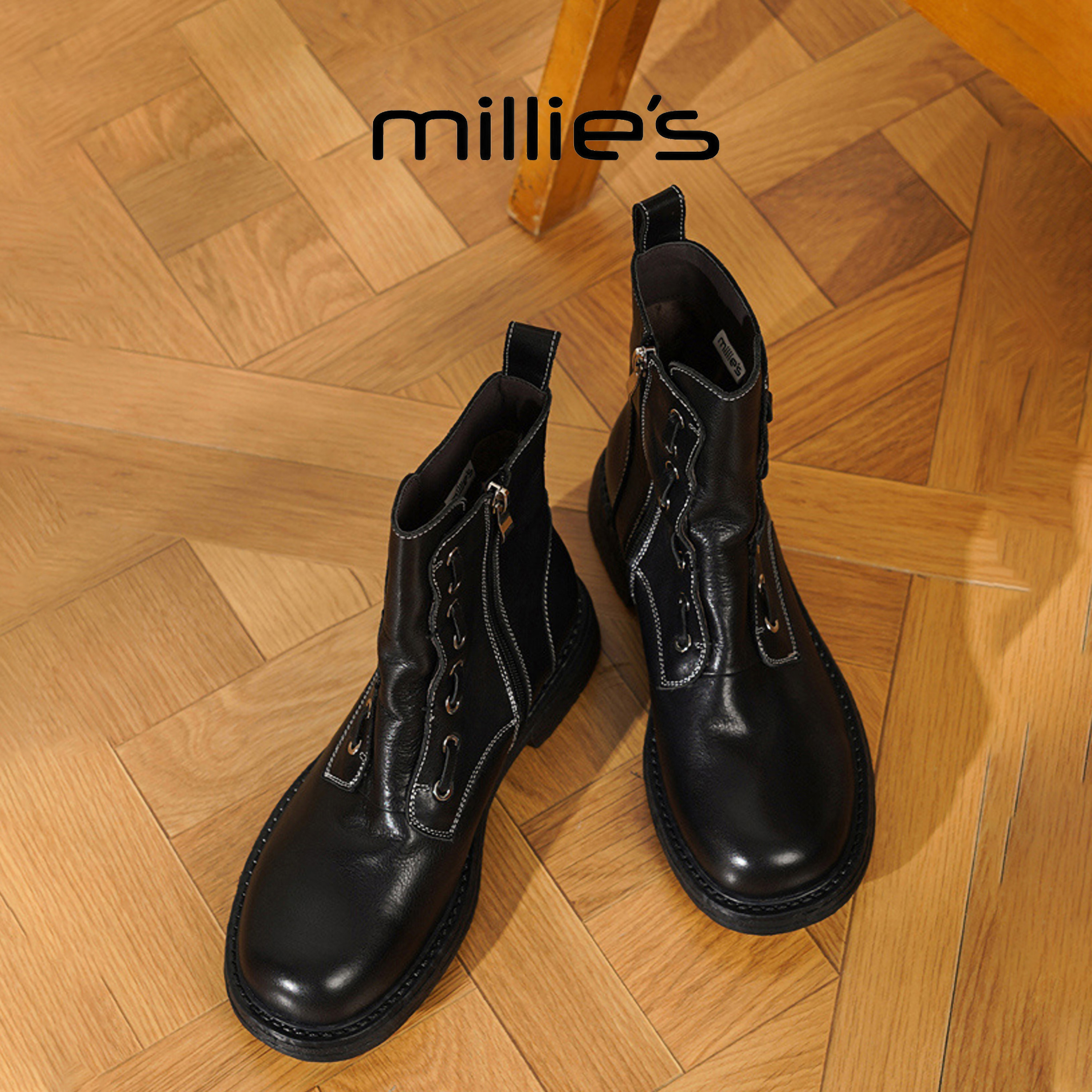 MILLIE'S/妙丽秋季机车靴女英伦风厚底侧拉链马丁靴明线加绒短靴